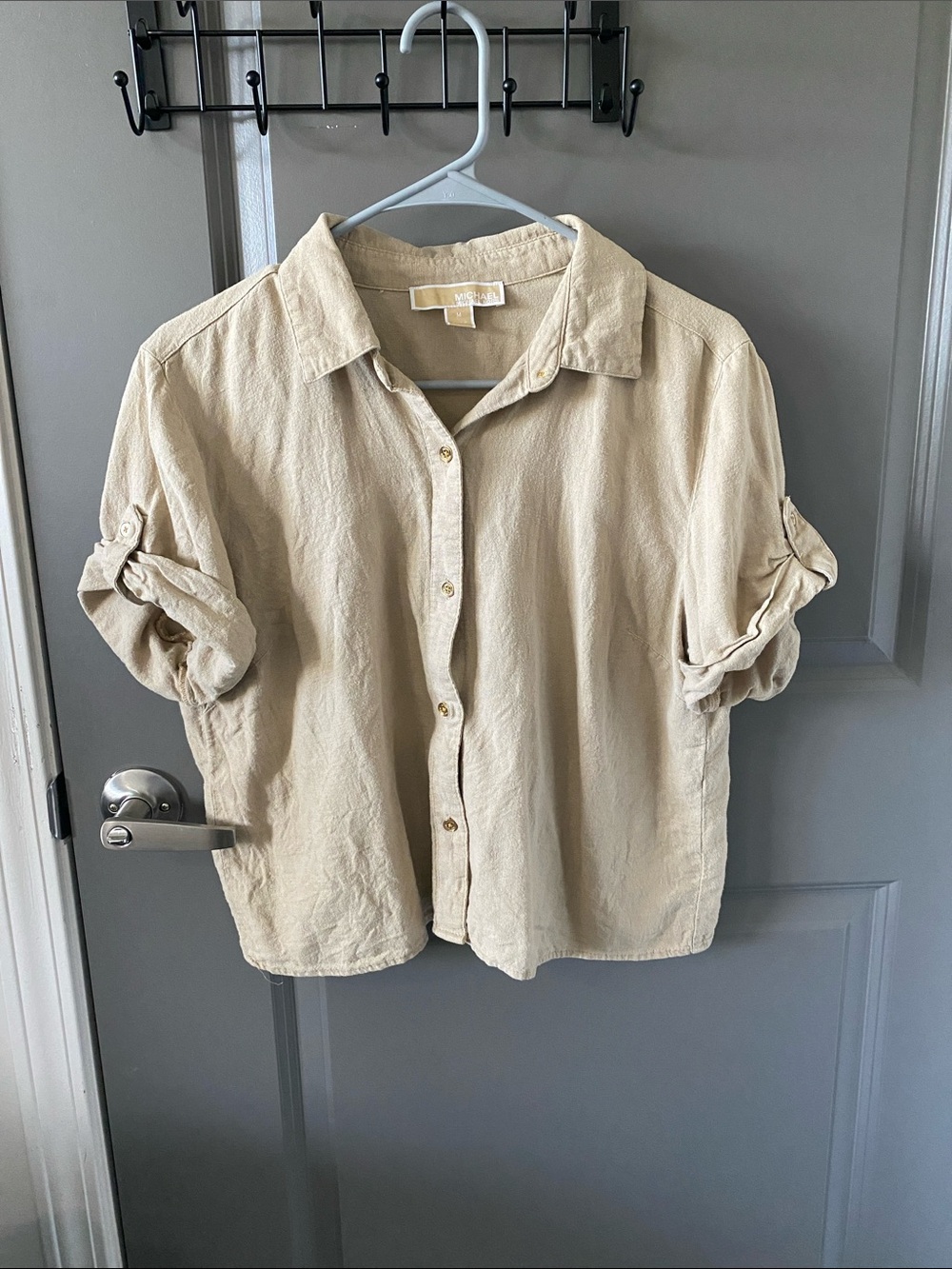 Michael Kors Light Beige Button-Down Shirt with Roll-Tab Sleeves